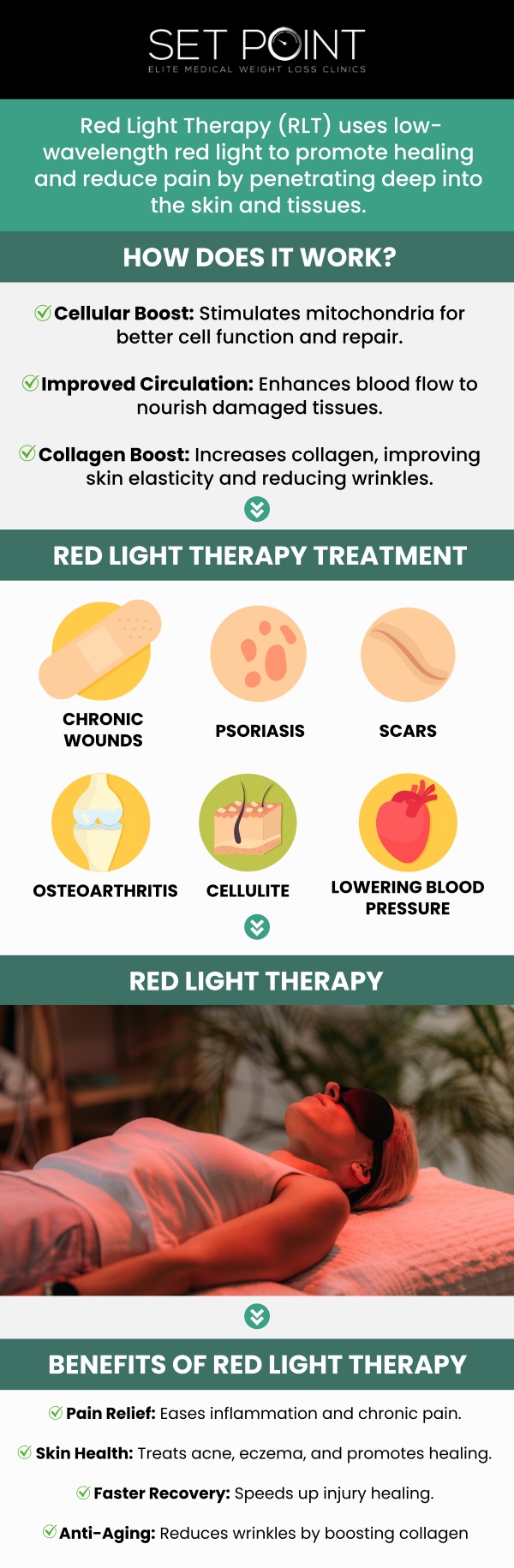 Red Light Therapy offers several benefits for weight loss by enhancing fat metabolism and promoting fat cell reduction. The therapy stimulates the mitochondria in cells, increasing ATP production, which boosts energy and accelerates fat burning. It also improves blood circulation, reduces inflammation, and helps shrink fat cells. When combined with a healthy lifestyle, red light therapy can support sustainable weight loss and body contouring. At Set Point Medical Weight Loss Clinic, our team provides personalized care and guidance to ensure you achieve your weight loss goals safely and effectively. For more information, contact us or schedule an appointment. We are conveniently located at 1380 Lead Hill Blvd Ste 108 Roseville, CA 95661. Red Light Therapy offers several benefits for weight loss by enhancing fat metabolism and promoting fat cell reduction. The therapy stimulates the mitochondria in cells, increasing ATP production, which boosts energy and accelerates fat burning. It also improves blood circulation, reduces inflammation, and helps shrink fat cells. When combined with a healthy lifestyle, red light therapy can support sustainable weight loss and body contouring. At Set Point Medical Weight Loss Clinic, our team provides personalized care and guidance to ensure you achieve your weight loss goals safely and effectively. For more information, contact us or schedule an appointment. We are conveniently located at 1380 Lead Hill Blvd Ste 108 Roseville, CA 95661.