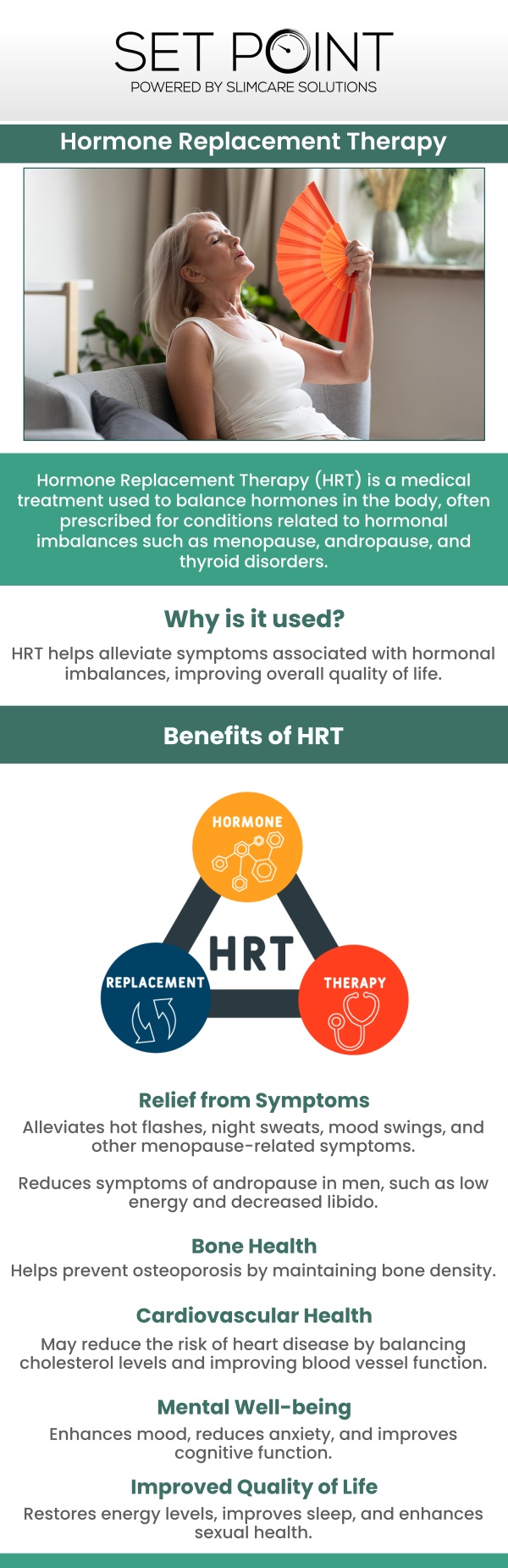 Common questions asked by patients: What is Hormone Replacement Therapy? What is the difference between HRT and BHRT? What are the primary signs that someone might need hormone therapy? How do I find out if my hormones are imbalanced? Is Hormone Replacement Therapy safe? How long does it take for HRT to start working?
At Set Point in Folsom, CA, our specialized Hormone Replacement Therapy (HRT) programs restore your natural vitality. Guided by our medical team, we use personalized care to help you conquer fatigue and reclaim your health. For more information, contact us or schedule an appointment. We are conveniently located at 850 Iron Point Rd Suite 114, Folsom, CA 95630.