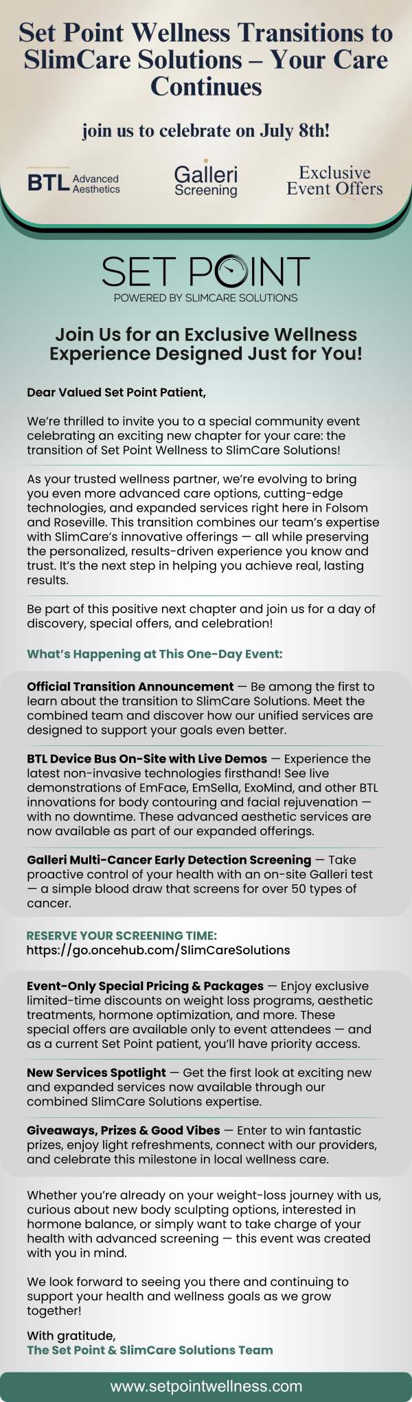 You're Invited, Set Point Patients: Celebrate Our Transition to SlimCare Solutions – Exclusive Event!